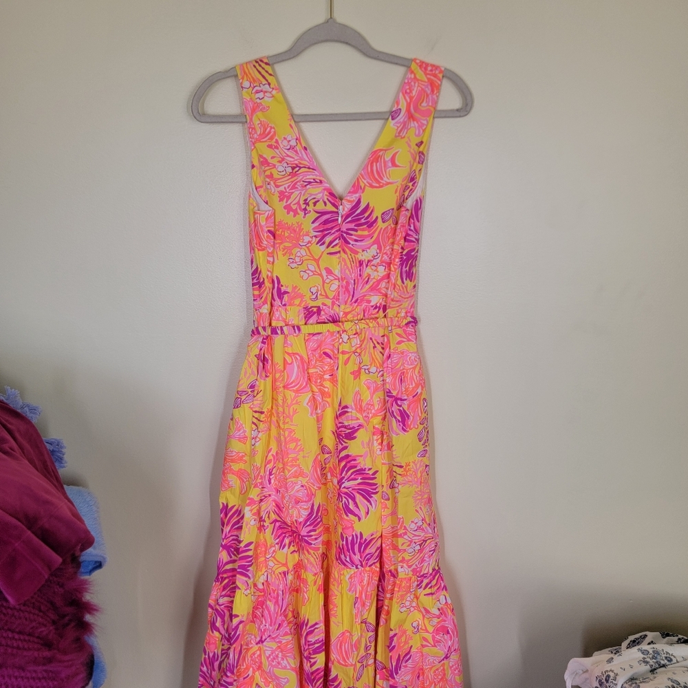 NWT Lilly Pulitzer Bre V Neck Cotton Midi Dress Calla Yellow Floral Coral Size 8 - Picture 9 of 9